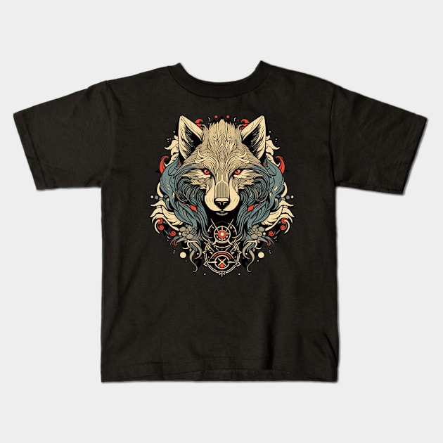 Tribal Wolf Portrait Kids T-Shirt by DanielLiamGill